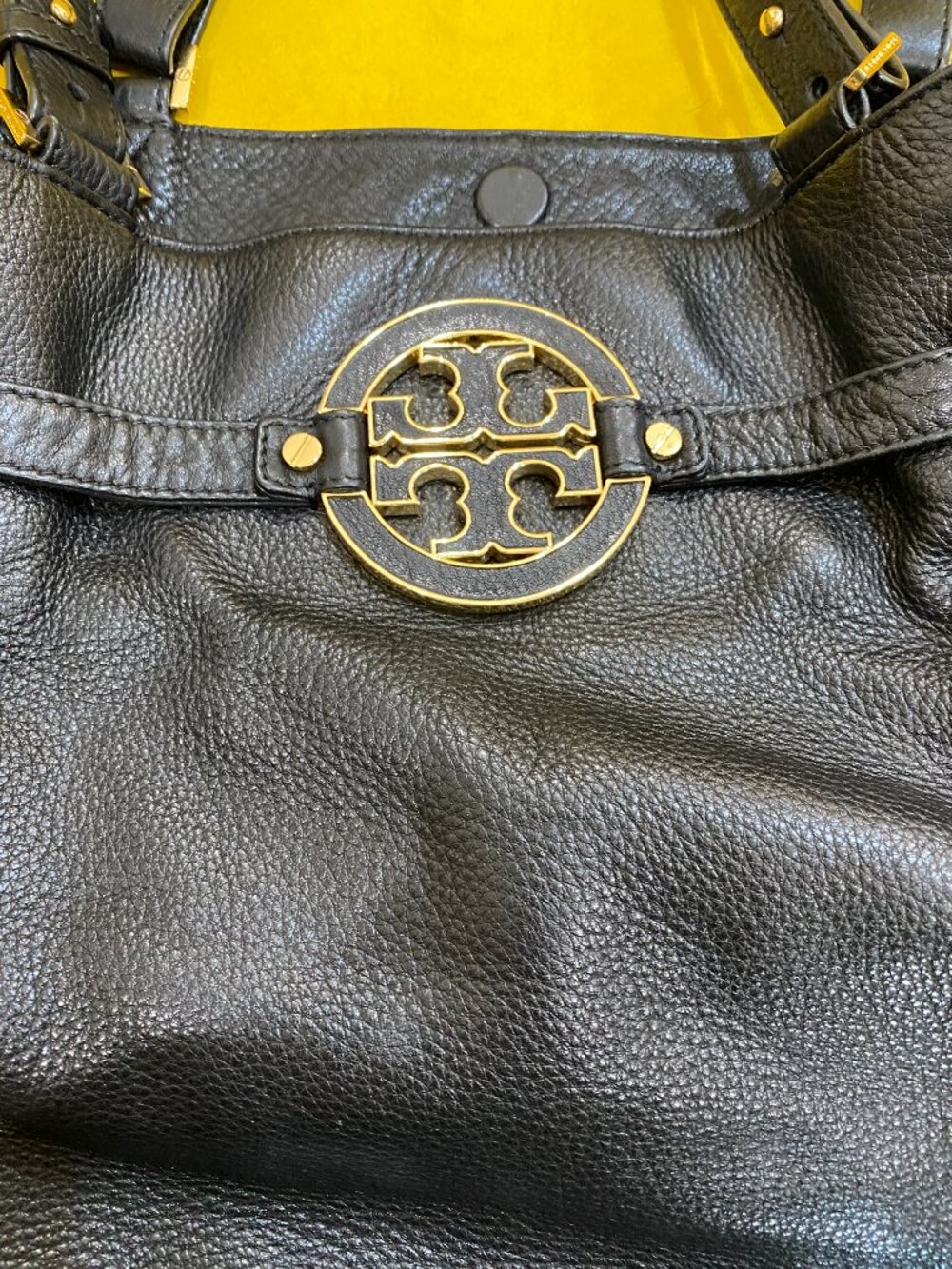 Tory Burch Amanda Black Pebbled Leather Tote Bag Gold Logo Large Shoulder Handba - Picture 3 of 8